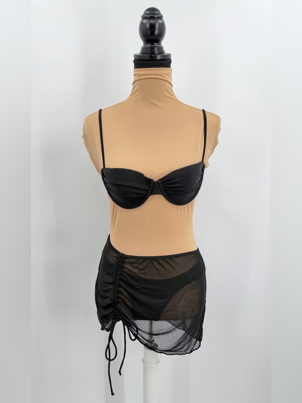 Black 3 Piece Underwire Bikini Set Mesh Cover Up Skirt S vacation resortwear